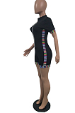 Black Half High Neck Zipper Spliced Short Sleeve Slim Fitting Romper Shorts T236-1