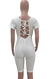 White Night Club Square Neck Short Sleeve Back Hollow Out Bandage Romper Shorts ZQ9198-1