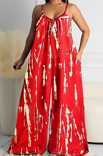 Red Summer Tie Dye Print Condole Belt V Collat Casual Wide Leg Jumpsuits AMX6039-1
