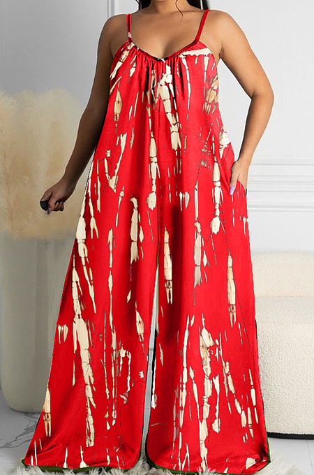 Red Summer Tie Dye Print Condole Belt V Collat Casual Wide Leg Jumpsuits AMX6039-1