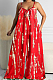 Red Summer Tie Dye Print Condole Belt V Collat Casual Wide Leg Jumpsuits AMX6039-1