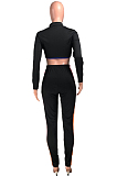 Neon Green Fashion Spliced V Neck Long Sleeve Crop Top Tight Pants Two-Piece YMT6227-2