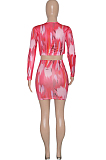 Orange Tie Dye Print Round Neck Bandage Long Sleeve High Waist Short Skirt Sets SN390111-1