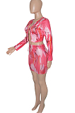 Orange Tie Dye Print Round Neck Bandage Long Sleeve High Waist Short Skirt Sets SN390111-1