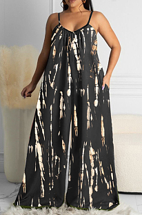 Black Summer Tie Dye Print Condole Belt V Collat Casual Wide Leg Jumpsuits AMX6039-3