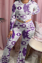 Purple Tie Dye Round Neck Long Sleeve Casual Long Pants Two-Piece YSS8040-2
