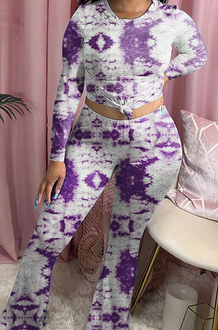 Purple Tie Dye Round Neck Long Sleeve Casual Long Pants Two-Piece YSS8040-2