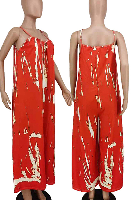 Red Summer Tie Dye Print Condole Belt V Collat Casual Wide Leg Jumpsuits AMX6039-1