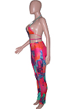 Rose Red Summer Tie Dye Print Hollow Out Bandage Bikini Pencil Pants Bodcoy Jumpsuits SN390150-1