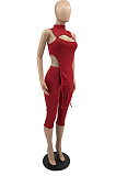 Red Half High Neck Sleeveless Hollow Out Elastic Cropped Pants Pure Color Sets YYF8232-2