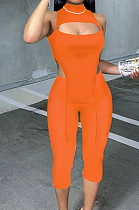 Orange Half High Neck Sleeveless Hollow Out Elastic Cropped Pants Pure Color Sets YYF8232-4