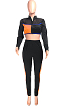 Orange Fashion Spliced V Neck Long Sleeve Crop Top Tight Pants Two-Piece YMT6227-1