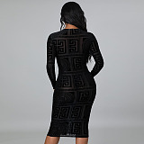 Black See-Through Print Mesh O Neck Long Sleeves Bodycon Sexy Dress ME7111