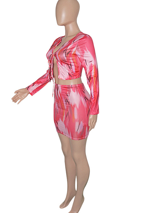 Red Tie Dye Print Round Neck Bandage Long Sleeve High Waist Short Skirt Sets SN390111-3