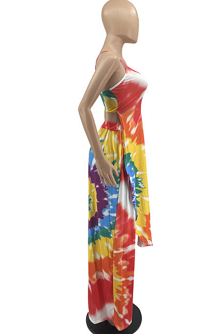 Tie Dye Red Digital Print Condole Belt Tank Low Cut Sexy Wide Leg Jumpsuits YYF8231-1