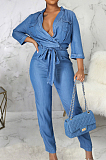 Blue Jean Lapel Neck V Collar Half Sleeve Bandage Wide Leg Jumpsuits SMR2922