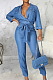 Blue Jean Lapel Neck V Collar Half Sleeve Bandage Wide Leg Jumpsuits SMR2922