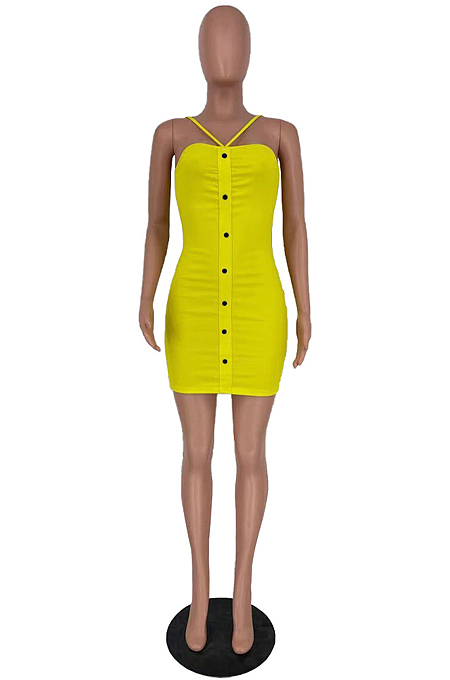 Yellow Night Club Solid Color Condole Belt Backless Button Elastic Waist Hip Dress AMX6051-1