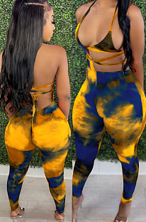 Yellow Summer Tie Dye Print Hollow Out Bandage Bikini Pencil Pants Bodcoy Jumpsuits SN390150-2