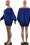 Yellow A Word Shoulder Lantern Sleeve Solid Color Loose Mini Dress H1675-1
