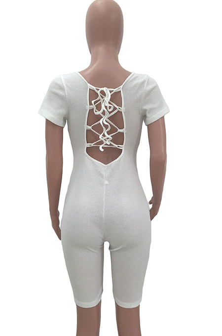 Black Night Club Square Neck Short Sleeve Back Hollow Out Bandage Romper Shorts ZQ9198-2