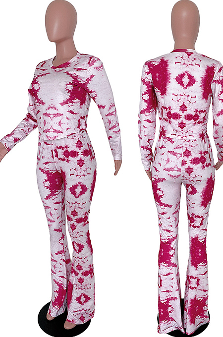 Red Tie Dye Round Neck Long Sleeve Casual Long Pants Two-Piece YSS8040-1