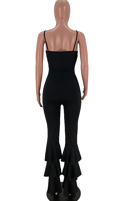 Orange Condole Belt Low Cut Pure Color Multilayer Ruffle Jumpsuits YSS8073-1