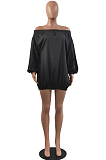 Yellow A Word Shoulder Lantern Sleeve Solid Color Loose Mini Dress H1675-1