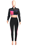 Neon Green Fashion Spliced V Neck Long Sleeve Crop Top Tight Pants Two-Piece YMT6227-2