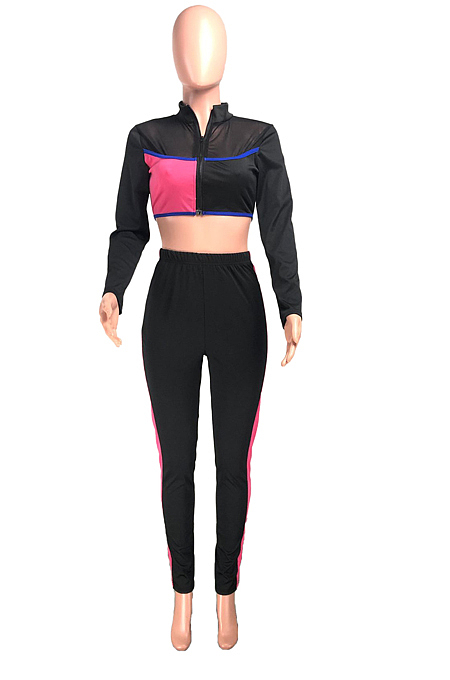 Neon Green Fashion Spliced V Neck Long Sleeve Crop Top Tight Pants Two-Piece YMT6227-2