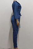 Blue Jean Lapel Neck V Collar Half Sleeve Bandage Wide Leg Jumpsuits SMR2922