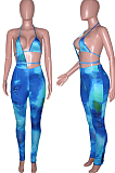 Cyan BlueSummer Tie Dye Print Hollow Out Bandage Bikini Pencil Pants Bodcoy Jumpsuits SN390150-3