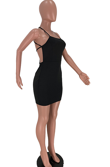 Black Sexy Condole Belt Tank Back Hollow Out Bandage Hip Dress YSS8076