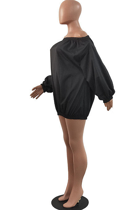 Red A Word Shoulder Lantern Sleeve Solid Color Loose Mini Dress H1675-2
