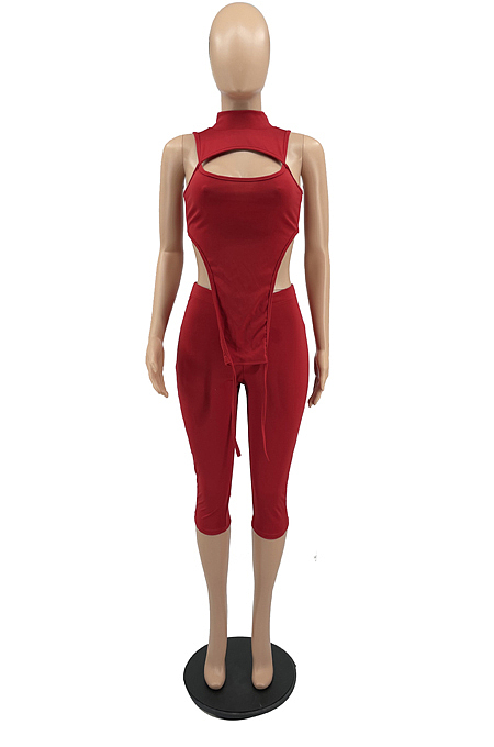 Red Half High Neck Sleeveless Hollow Out Elastic Cropped Pants Pure Color Sets YYF8232-2