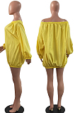 Yellow A Word Shoulder Lantern Sleeve Solid Color Loose Mini Dress H1675-1