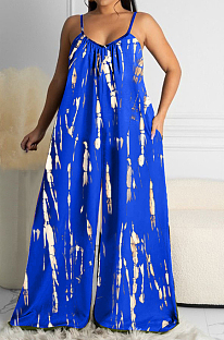 Blue Summer Tie Dye Print Condole Belt V Collat Casual Wide Leg Jumpsuits AMX6039-2