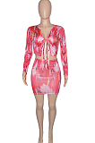 Red Tie Dye Print Round Neck Bandage Long Sleeve High Waist Short Skirt Sets SN390111-3