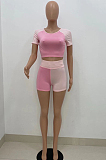Pink Spliced Round Neck Short Sleeve Crop Top Shorts Casual Two-Piece ZQ8086