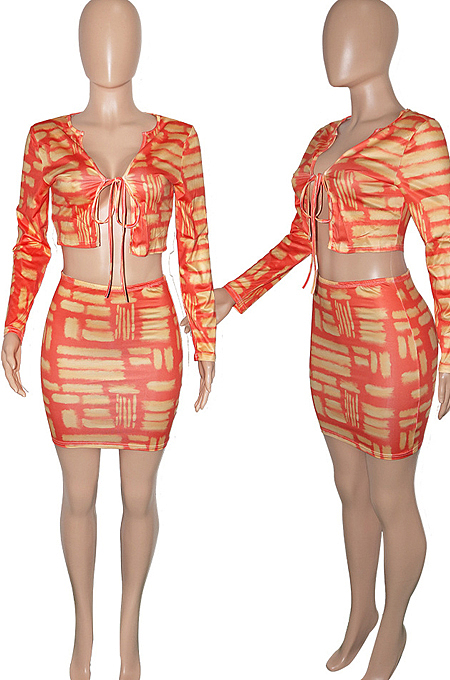 Orange Tie Dye Print Round Neck Bandage Long Sleeve High Waist Short Skirt Sets SN390111-1