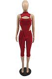 Orange Half High Neck Sleeveless Hollow Out Elastic Cropped Pants Pure Color Sets YYF8232-4