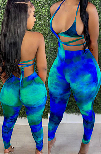 Cyan BlueSummer Tie Dye Print Hollow Out Bandage Bikini Pencil Pants Bodcoy Jumpsuits SN390150-3