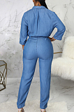Blue Jean Lapel Neck V Collar Half Sleeve Bandage Wide Leg Jumpsuits SMR2922