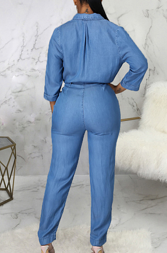 Blue Jean Lapel Neck V Collar Half Sleeve Bandage Wide Leg Jumpsuits SMR2922