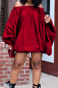Red A Word Shoulder Lantern Sleeve Solid Color Loose Mini Dress H1675-2
