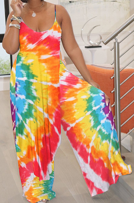 Tie Dye Red Digital Print Condole Belt Tank Low Cut Sexy Wide Leg Jumpsuits YYF8231-1
