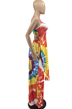 Stripe Tie Dye Orange Digital Print Condole Belt Tank Low Cut Sexy Wide Leg Jumpsuits YYF8231-4