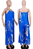 Black Summer Tie Dye Print Condole Belt V Collat Casual Wide Leg Jumpsuits AMX6039-3