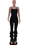 Black Condole Belt Low Cut Pure Color Multilayer Ruffle Jumpsuits YSS8073-2