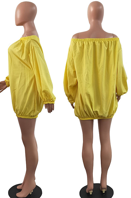 Red A Word Shoulder Lantern Sleeve Solid Color Loose Mini Dress H1675-2